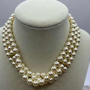 Vintage Triple Strand Pearl Necklace Choker Gold Tone Bridal Elegant